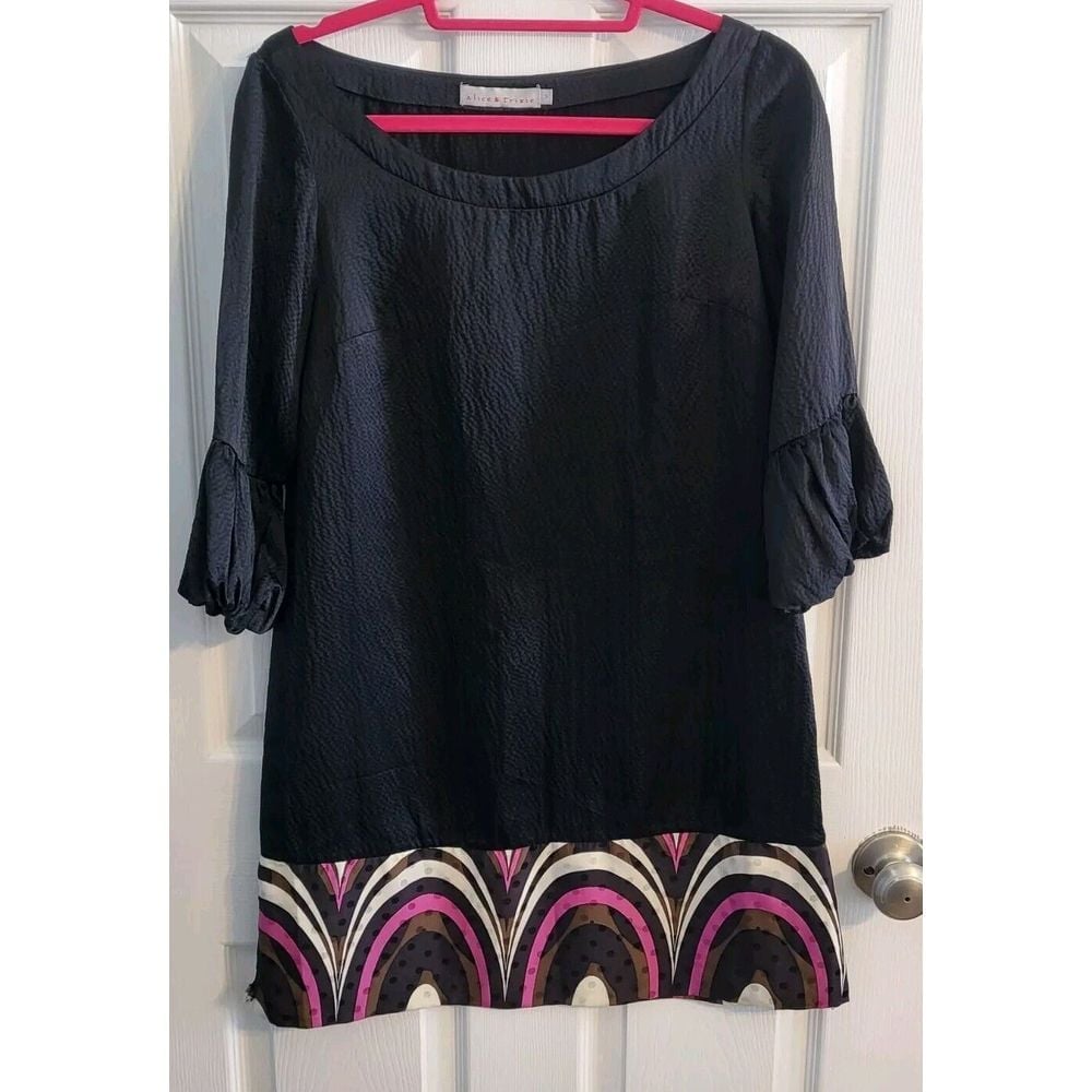 Alice & Trixie 100% Silk Dress Black Size Small 3/4 Sleeve Shift Dress Geometric