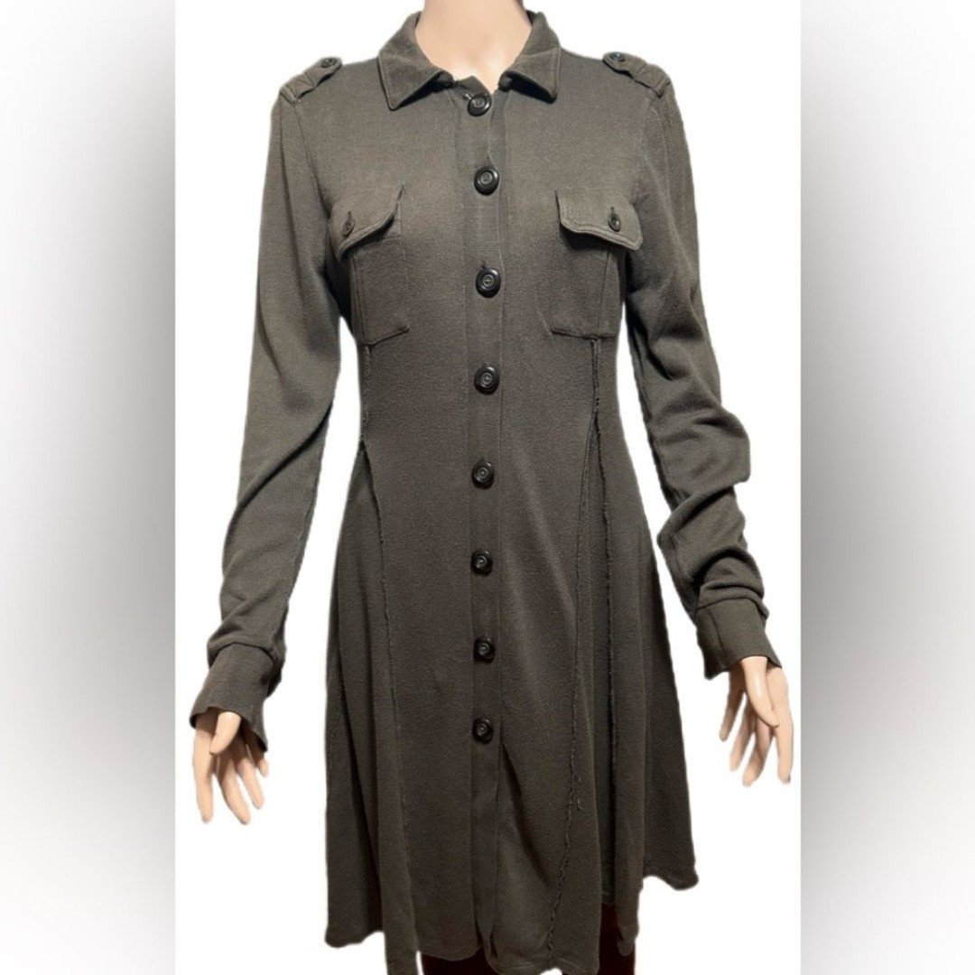 Free People Dress SP Military Button Front Knit Dress Army Green Long Sleeves