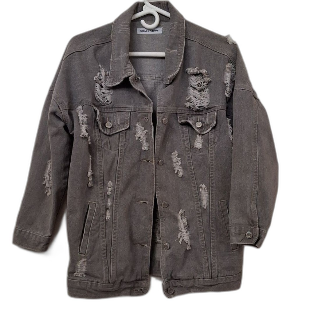 Grace Chow Gray Denim Distressed Oversized Jacket Size Small Fall