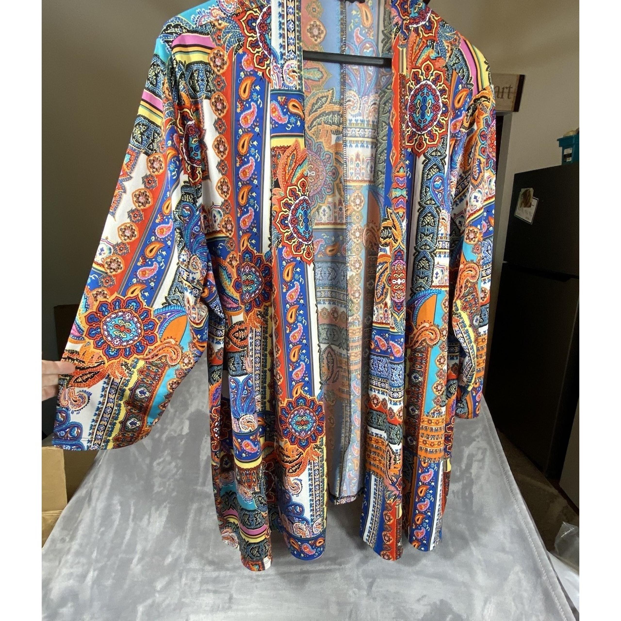 Slinky Brand Womens 3X Open Front Cardigan Wrap Colorful Print Stretch Boho Cool