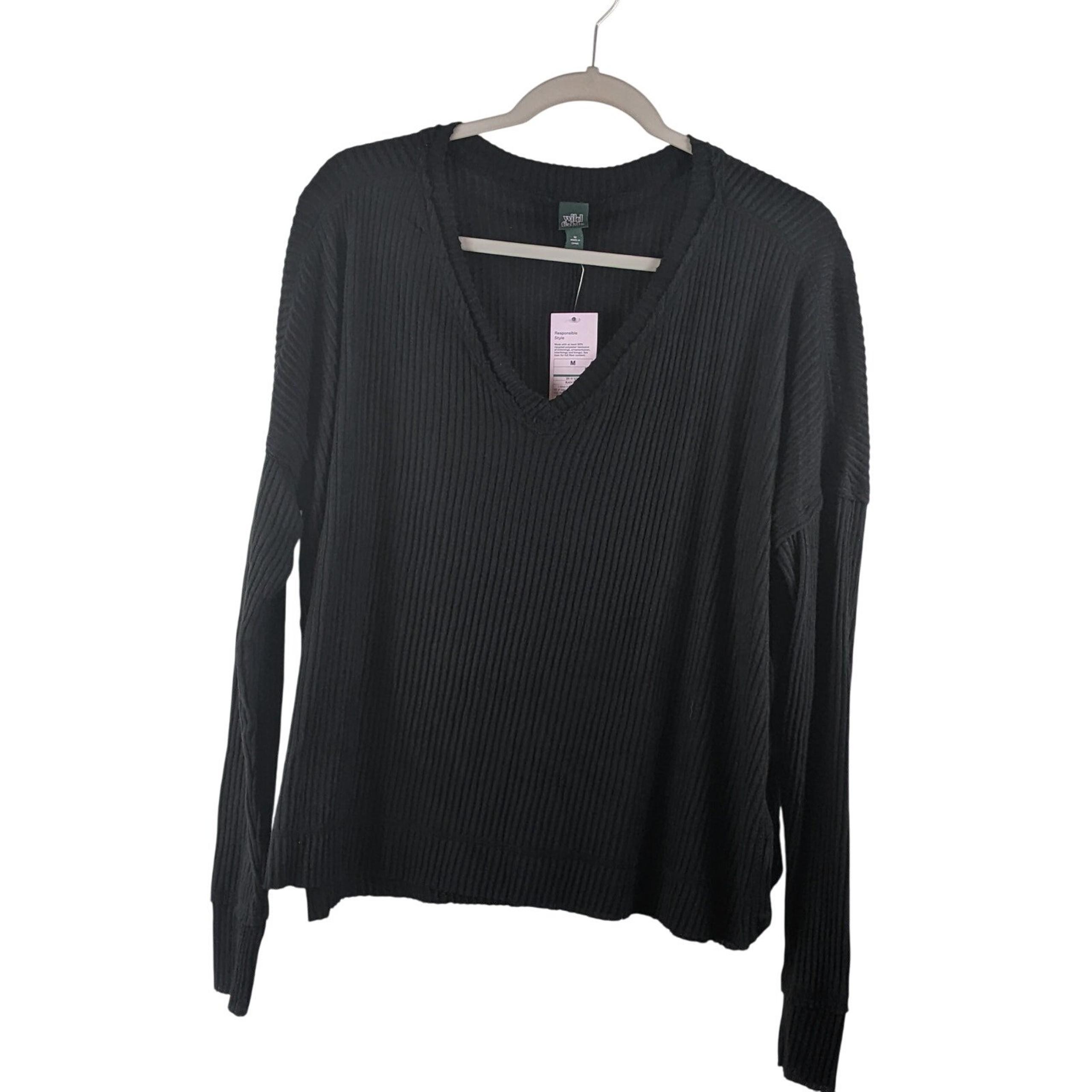 Wild Fable Sweater Long Sleeve VNeck Cozy Ribbed Top Black M Side Slit Oversize