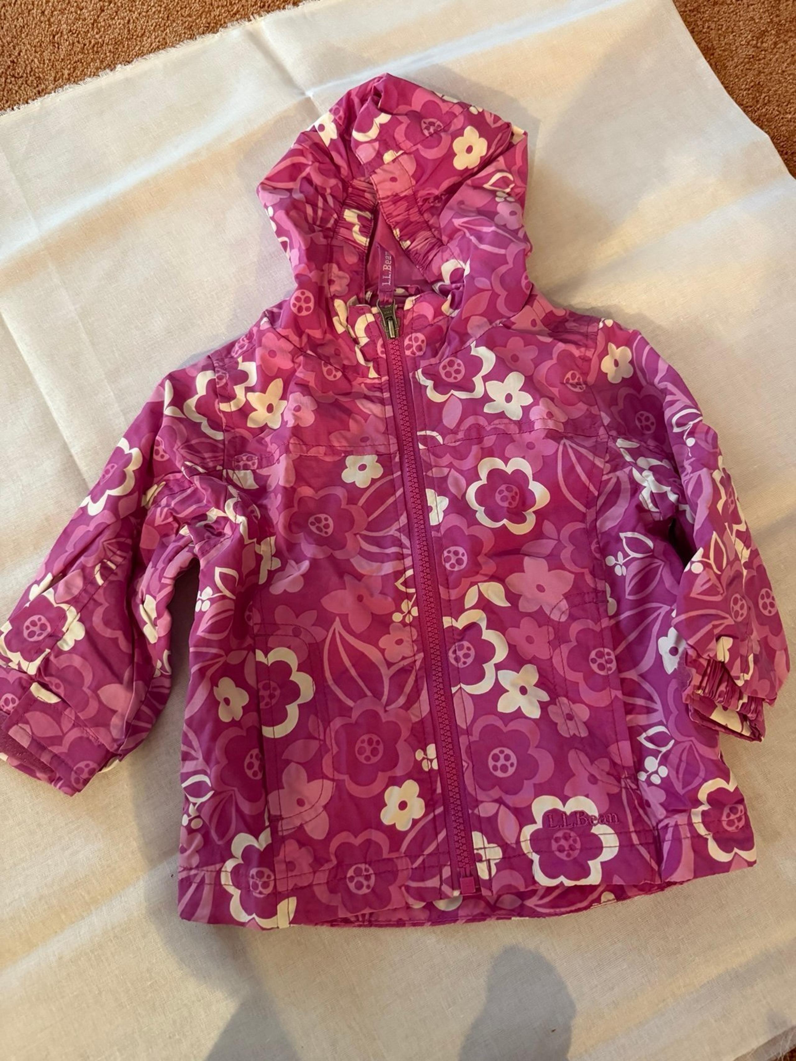 LL Bean jacket coat rain hoodie zip floral pink 12-18 months toddler kids