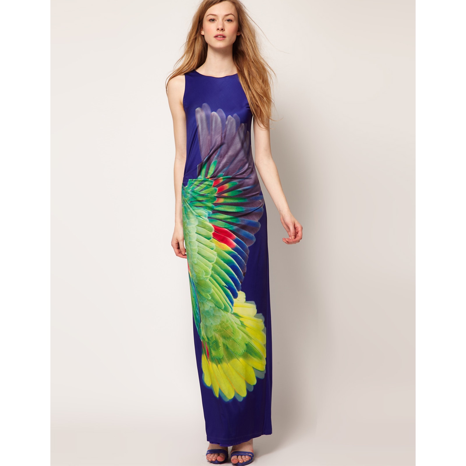 Ted Baker Hajili Jersey Maxi Dress Blue Parrot Print Sleeveless 6 US (2 Ted)