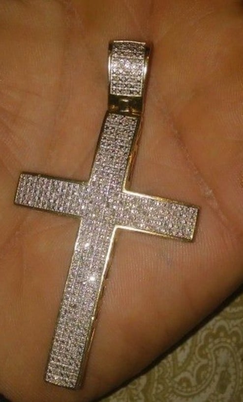 925 Sterling Silver Gold Tone Micro Pave Diamond Cross .90ct Necklace Pendant