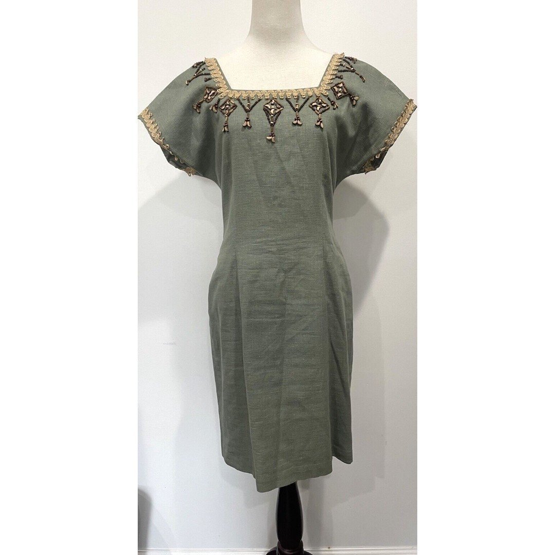 Vtg Linen Blend Dress Boho Festival Southwestern Beaded Accent CAROLE LITTLE 6