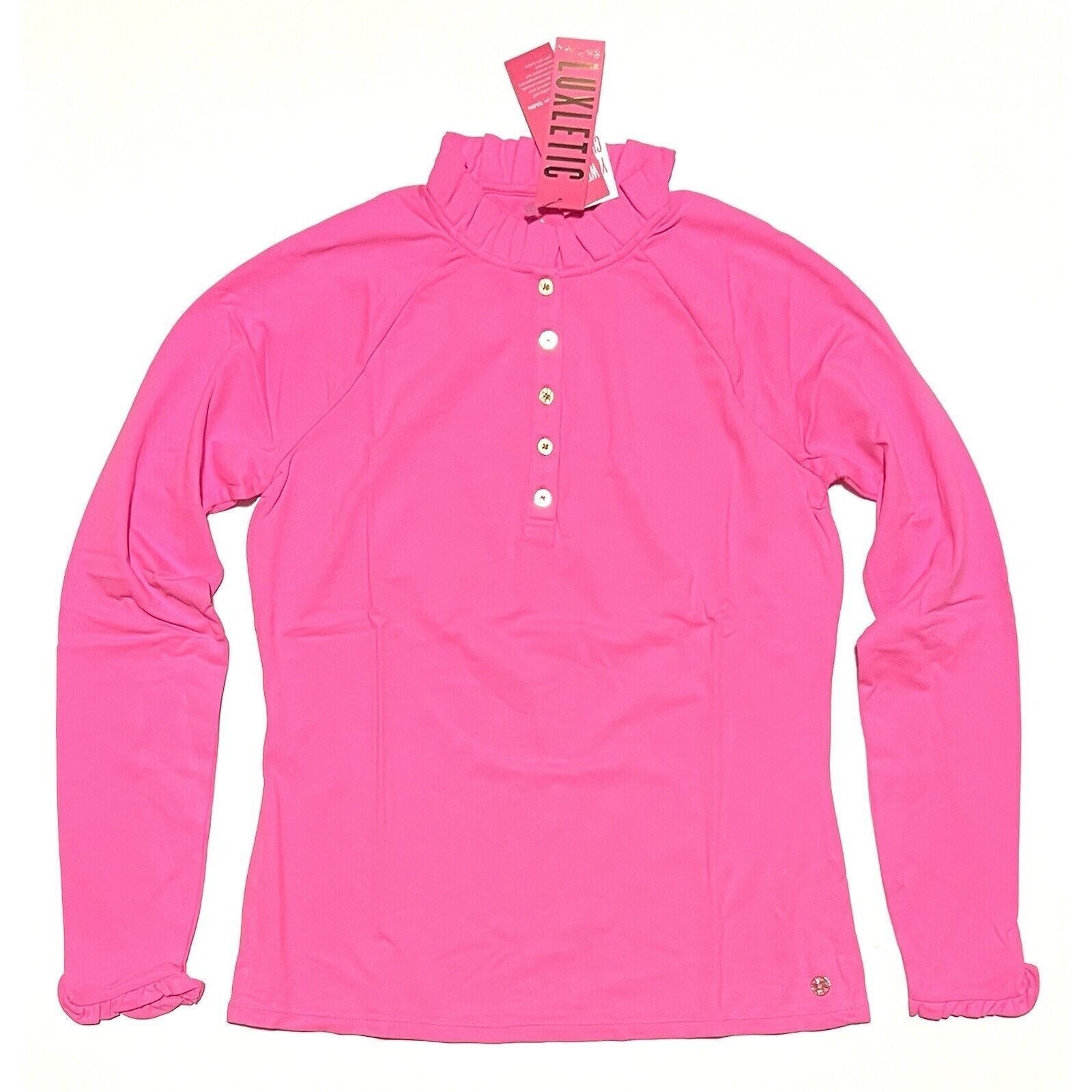Lilly Pulitzer M Pink Isle HUTTON LUXLETIC POLO Long Sleeve Ruffle UPF 50+ NWT