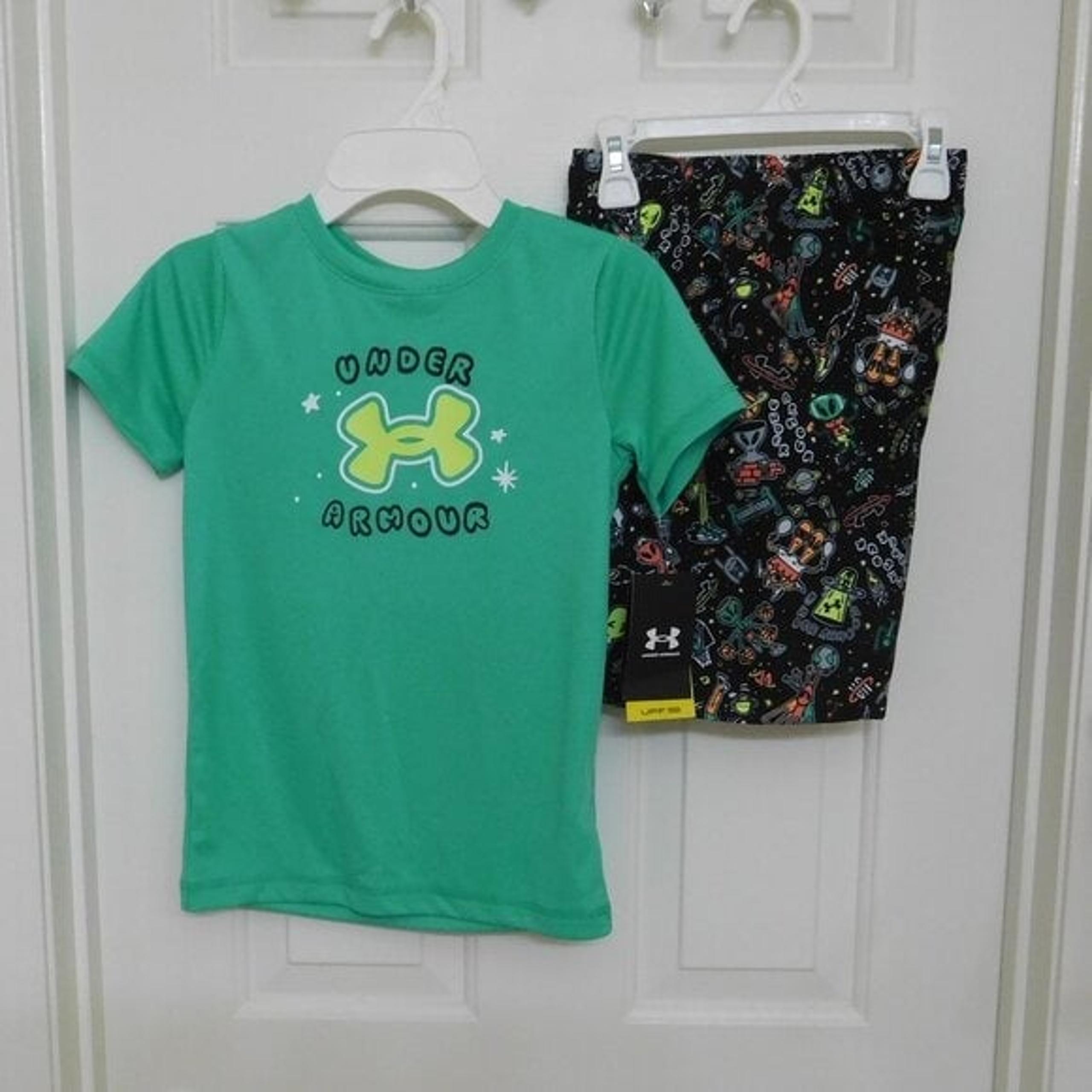NWT 2pc Under Armour Green Logo Shirt & Alien Print Swim Shorts sz 4t