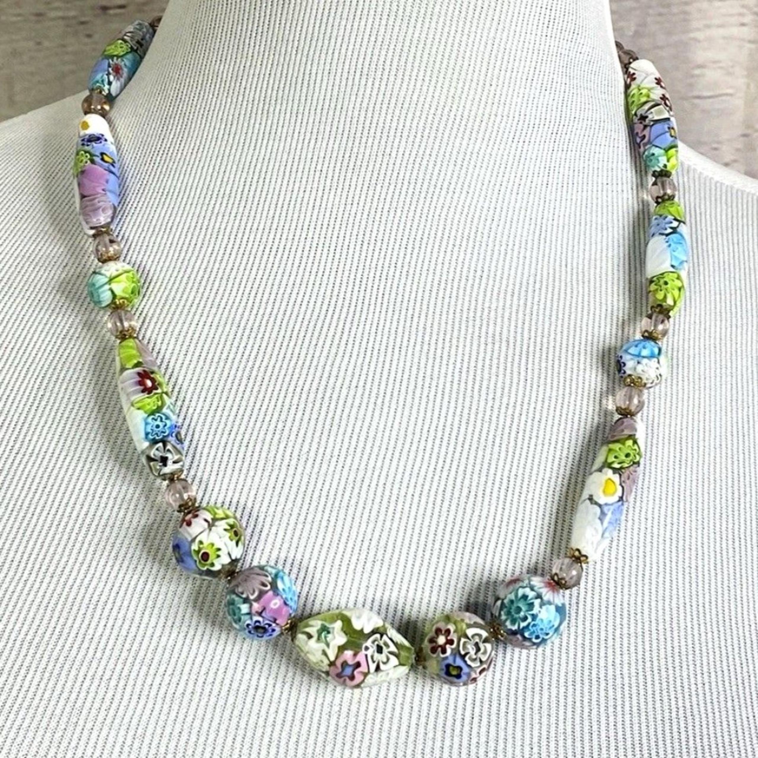 Fine Millefiori Pastel "Lace", Murano Venetian Floral Glass Bead Necklace
