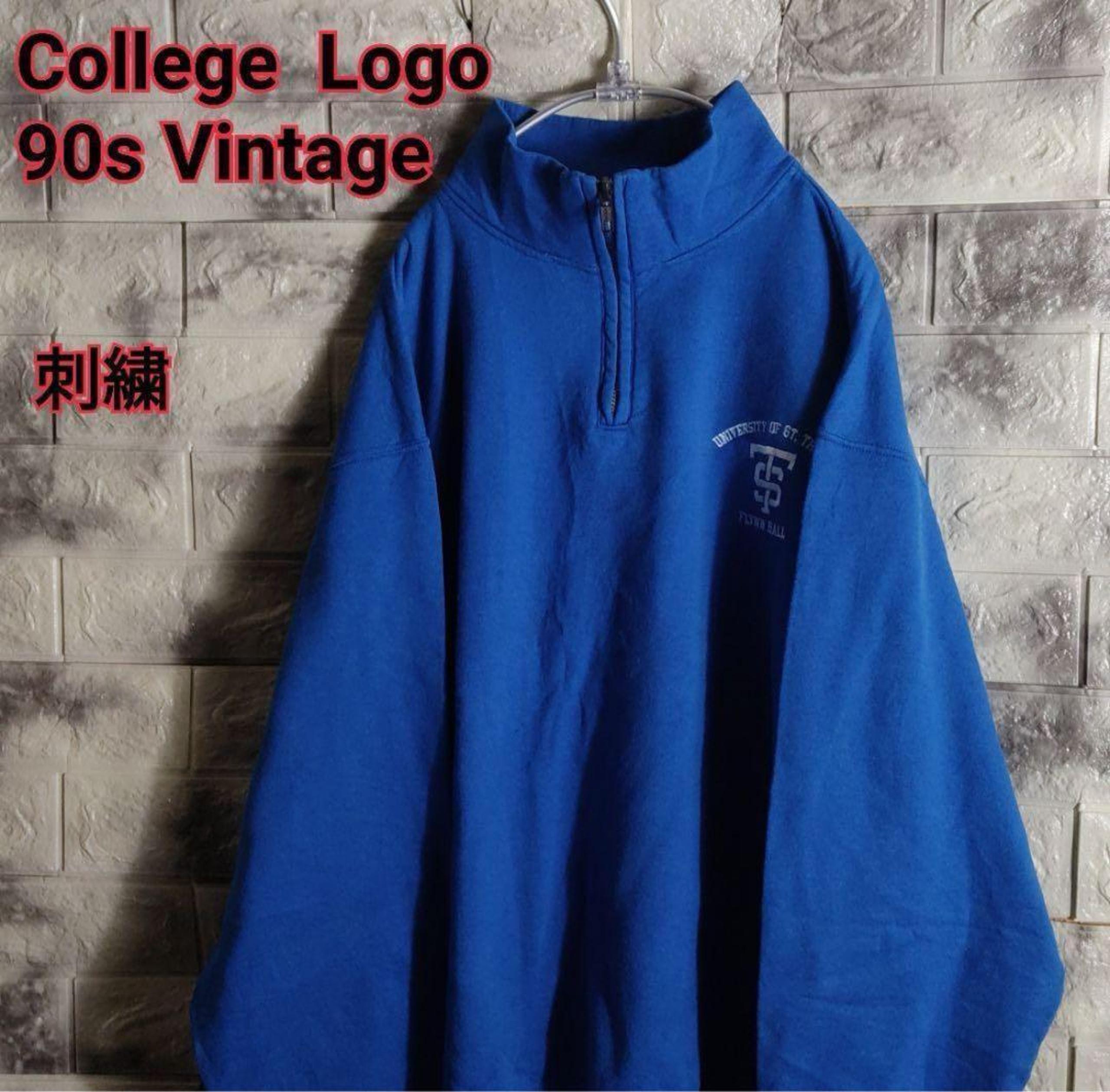 【Rare】Embroidered College Logo Half-Zip Sweatshirt 90s Vintage