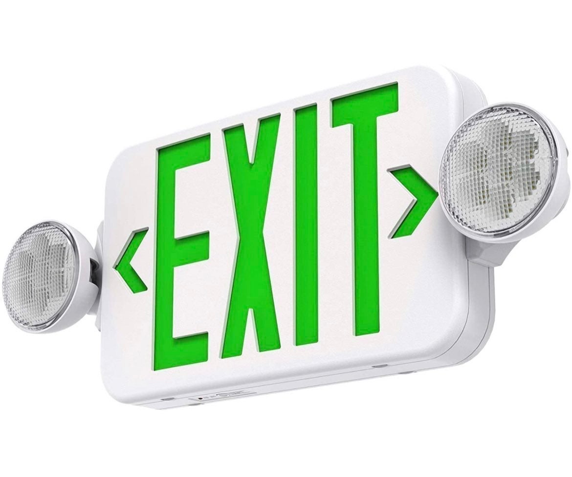 Green Led Exit Sign Emergency Light Combo Adjustable Two Head, Double Sided and