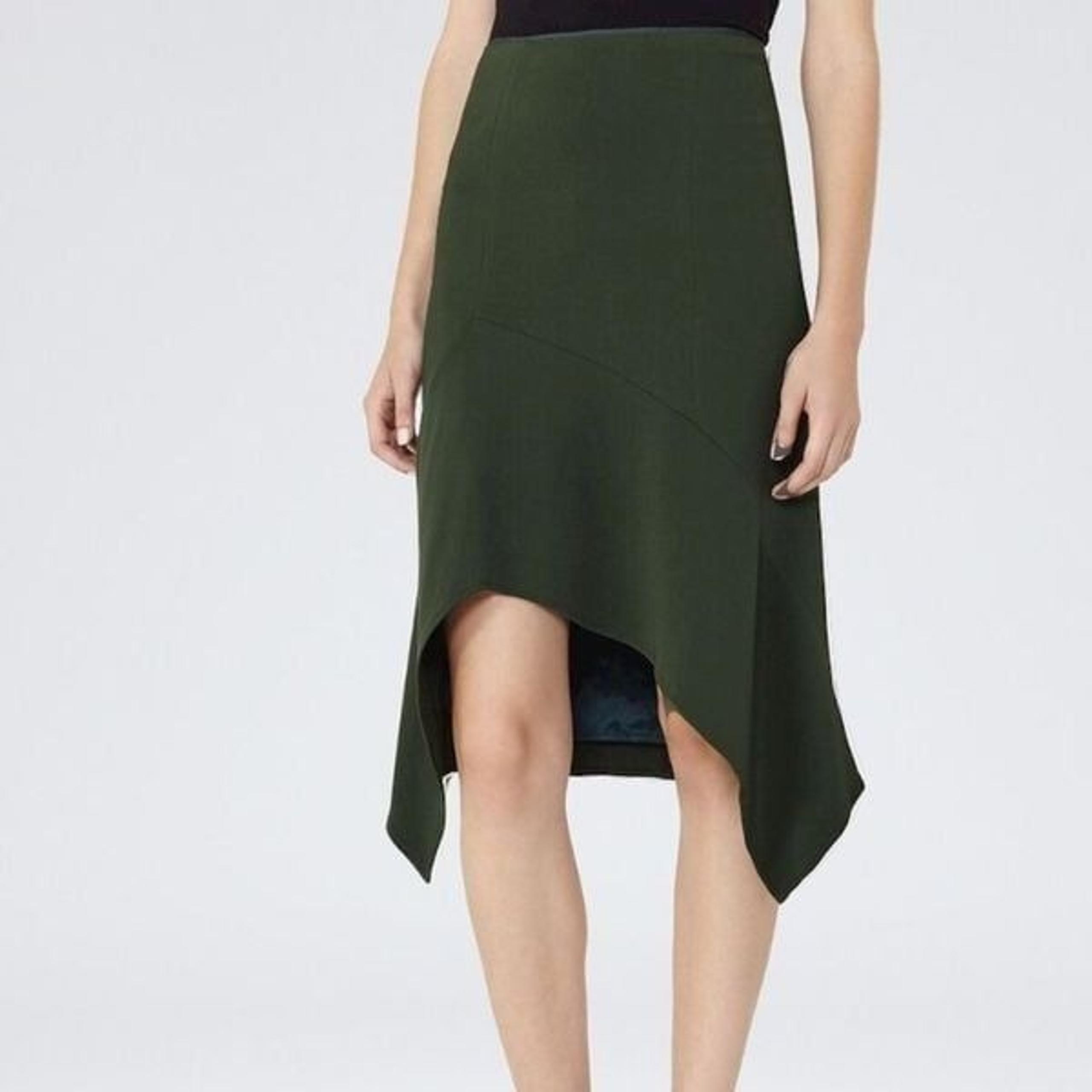 Reiss Cutaway Front Dark Green Midi High Rise Slim Fit Skirt Asymmetrical in 8