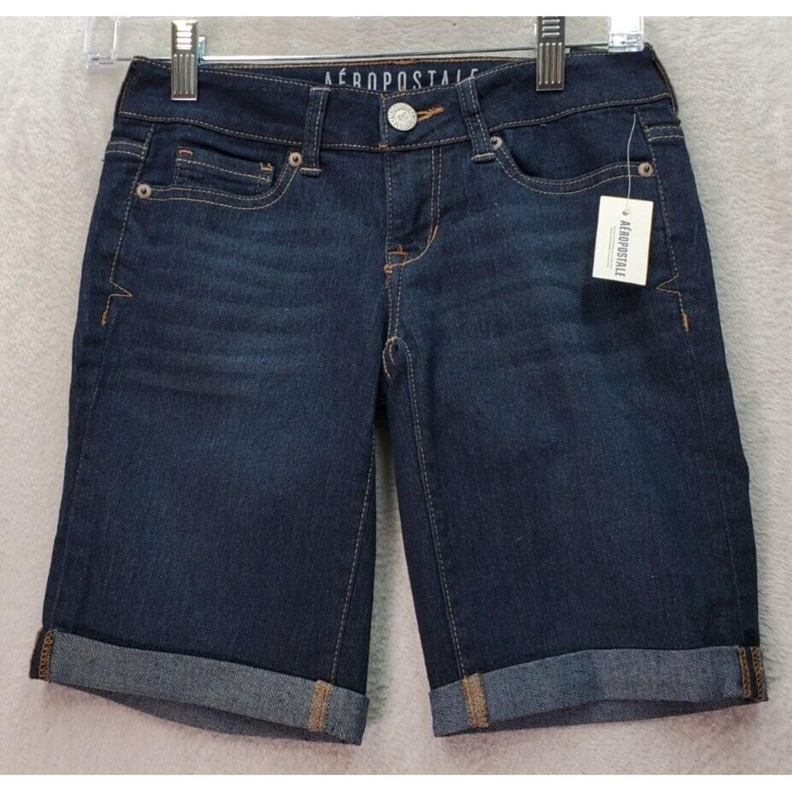 Aéropostale Bermuda Shorts Women Size 000 Blue Denim Dark Wash Pocket Flat Front