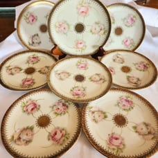 Antique BAVARIA ROSE Porcelain Dessert Plates Rose Gold Gilt Germany 1910-1938