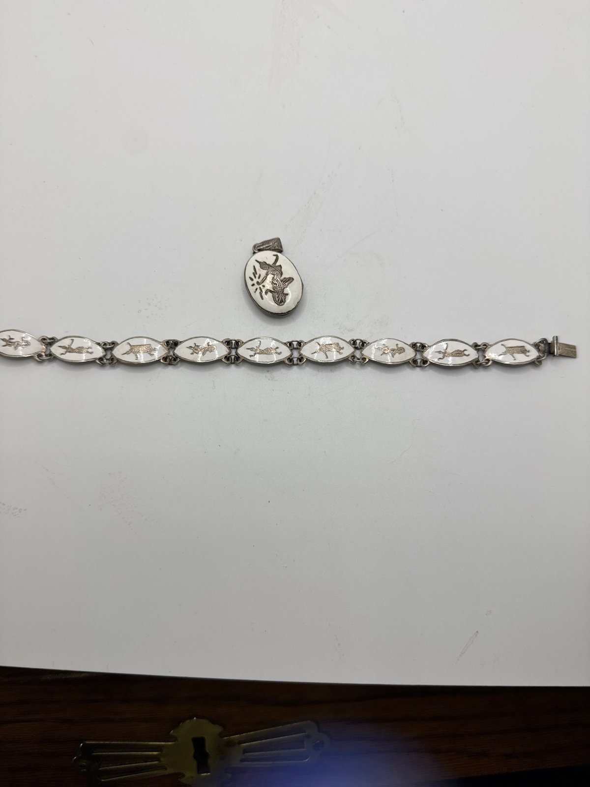 925 Siam Sterling Vintage Oval White Enamel Bracelet & Locket Matching Set