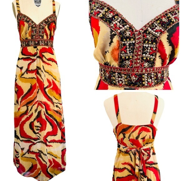 JOHN ROCHA Beaded Tiger Print Maxi Dress in Red Size 10