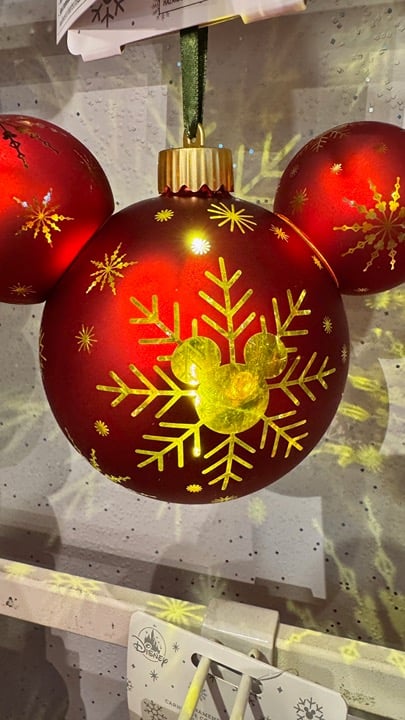 Disney Parks Mickey Mouse Shape Red w/ Gold Color Snowflake Light Up Ornament