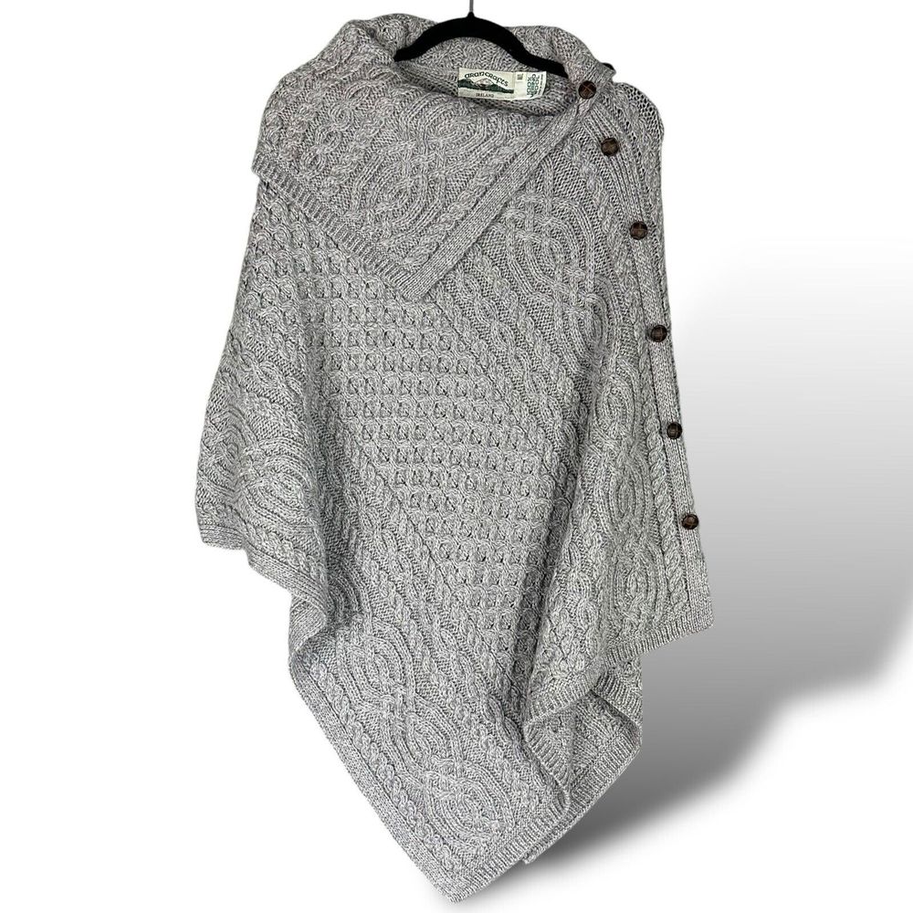 Aran Crafts Ireland Merino Wool Soft Grey Cowl Neck Poncho Buttons NWT Size M/L