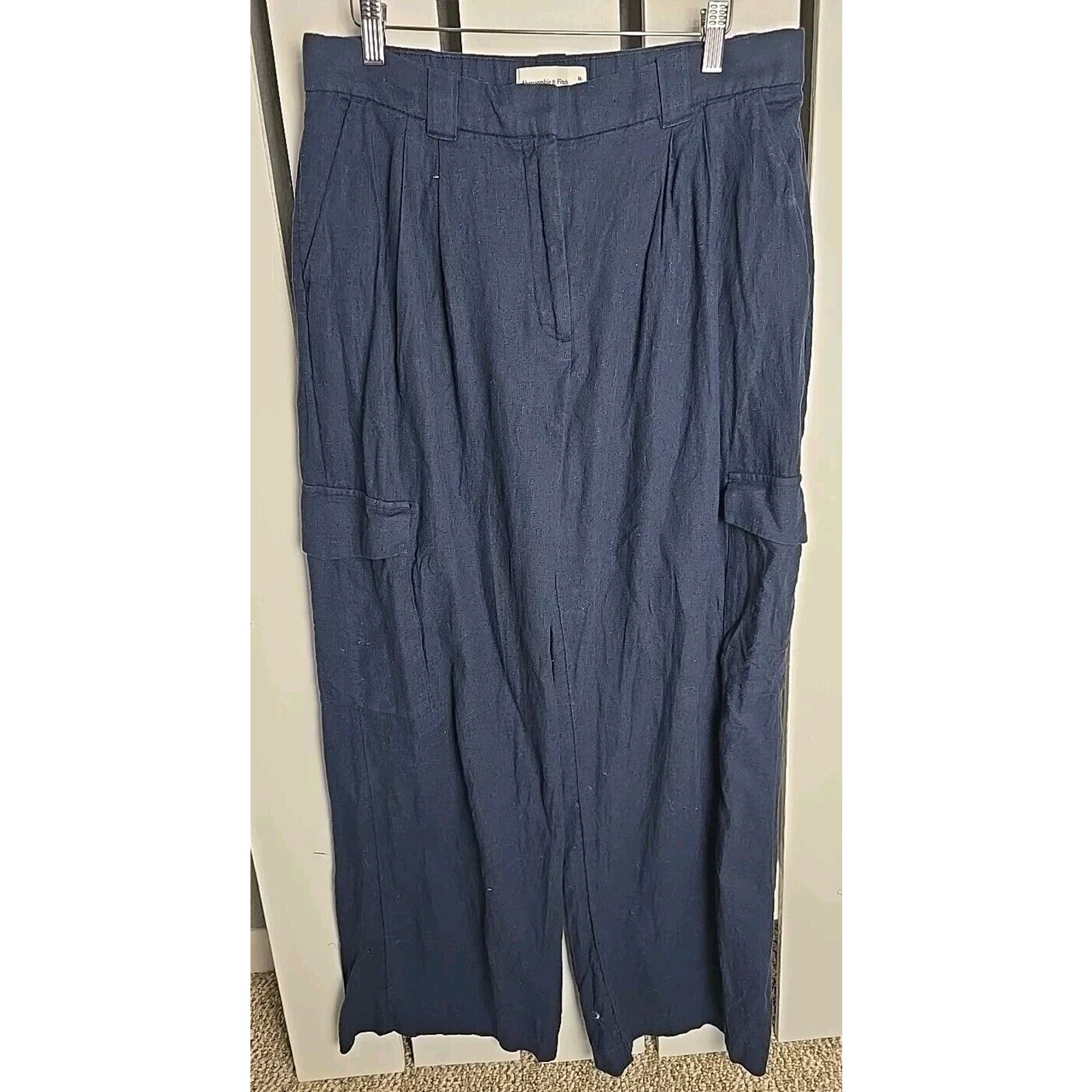 Abercrombie & Fitch Comfy Linen Cotton Blend Wide Leg Pant Blue Sz M Resort