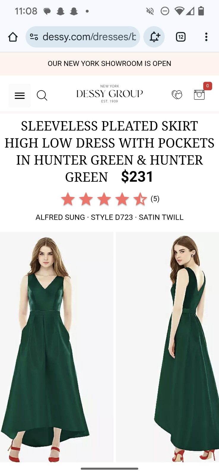 Nwt Sleeveless Pleated Skirt High Low Dress with Pockets in Hunter Green FLAWED