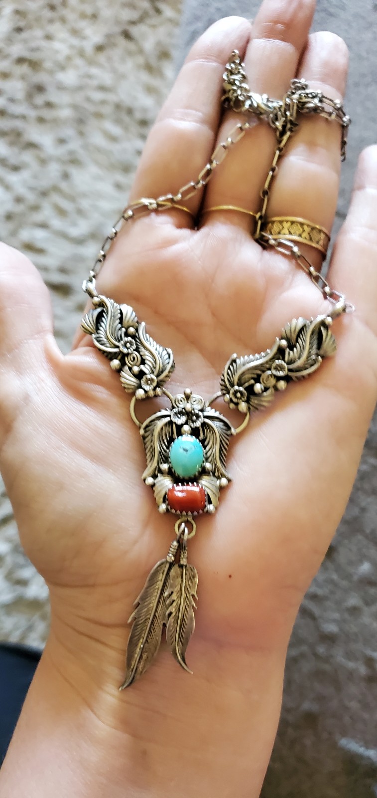 Signed sterling silver navijo necklace with coral and turqoise