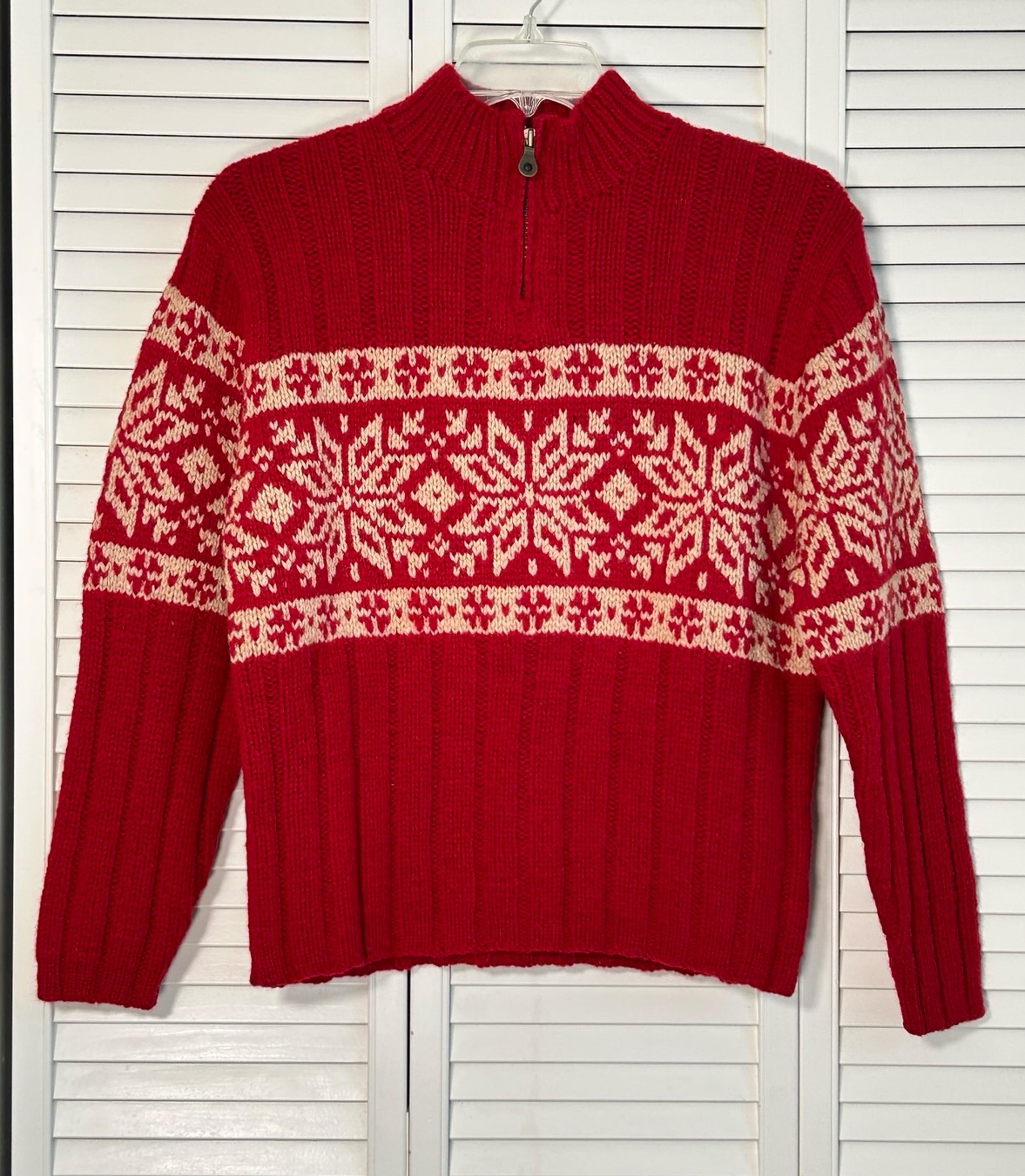 Vintage 90s Lands End Women's Sweater 100% Wool Fair Isle 1/4 Zip Small Red Tan