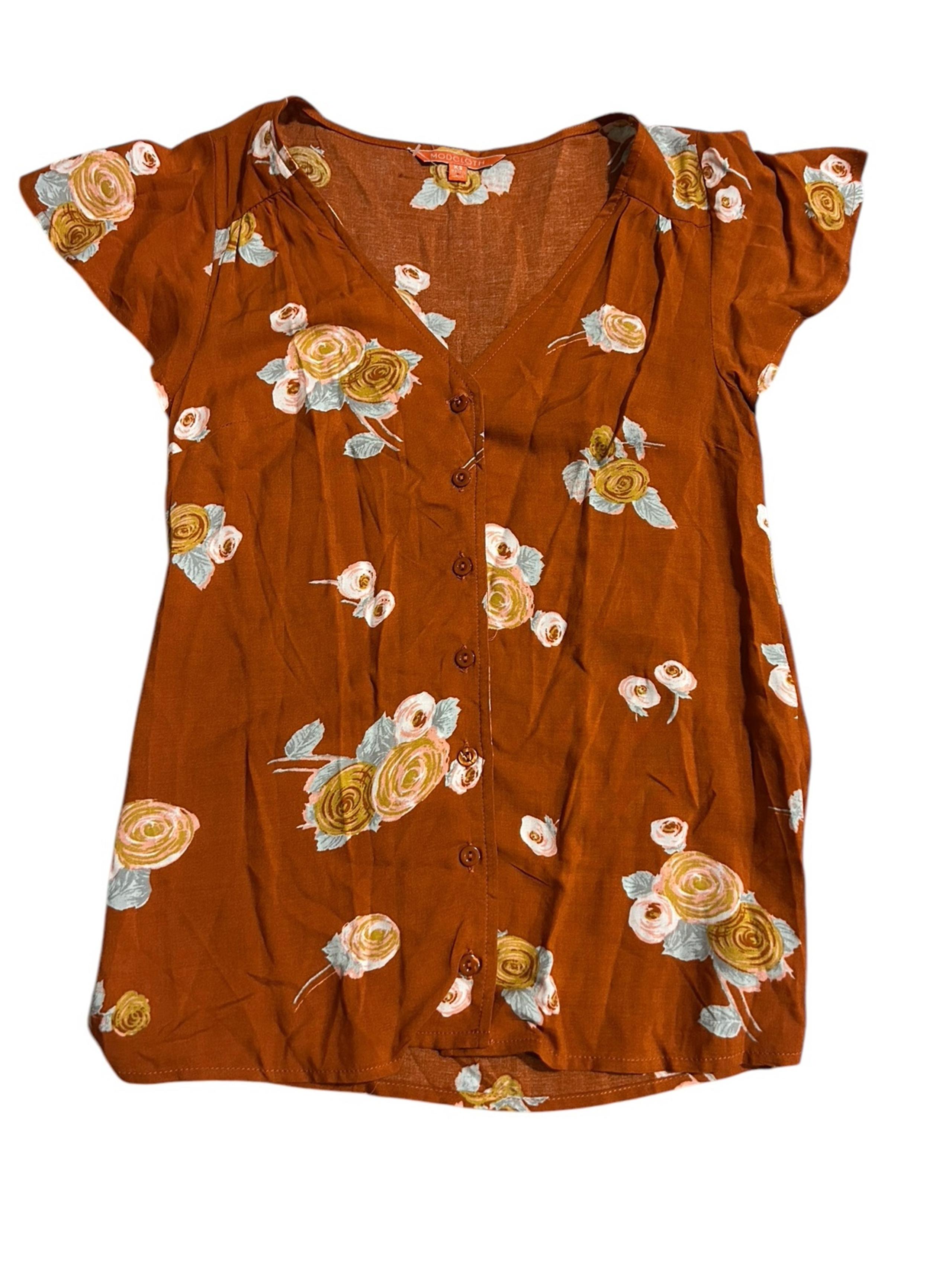 ModCloth floral print blouse burnt orange XS