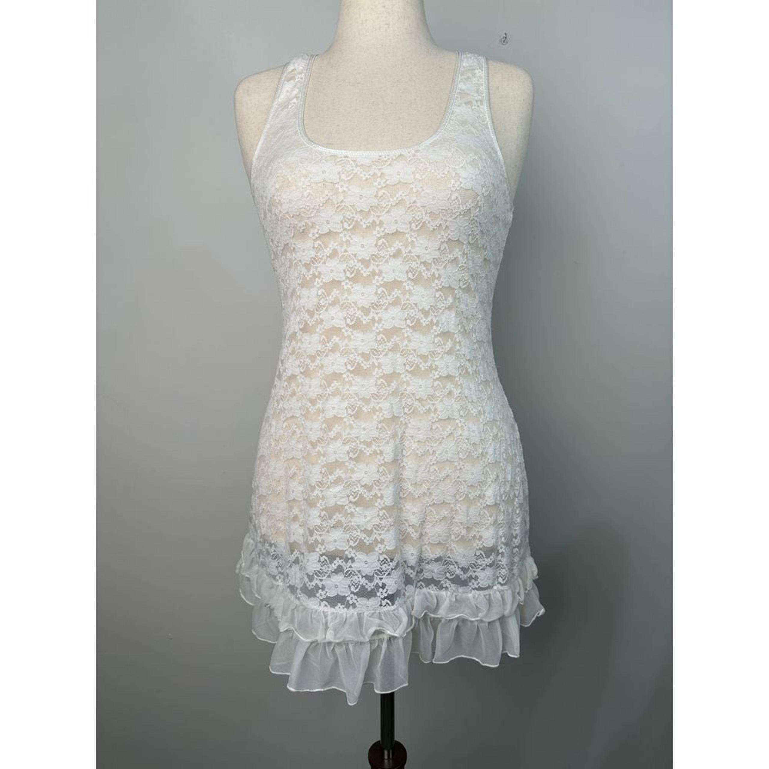 In Bloom By Jonquil Ruffle Floral Lace Dress Sheer Chemise Coquette White Medium