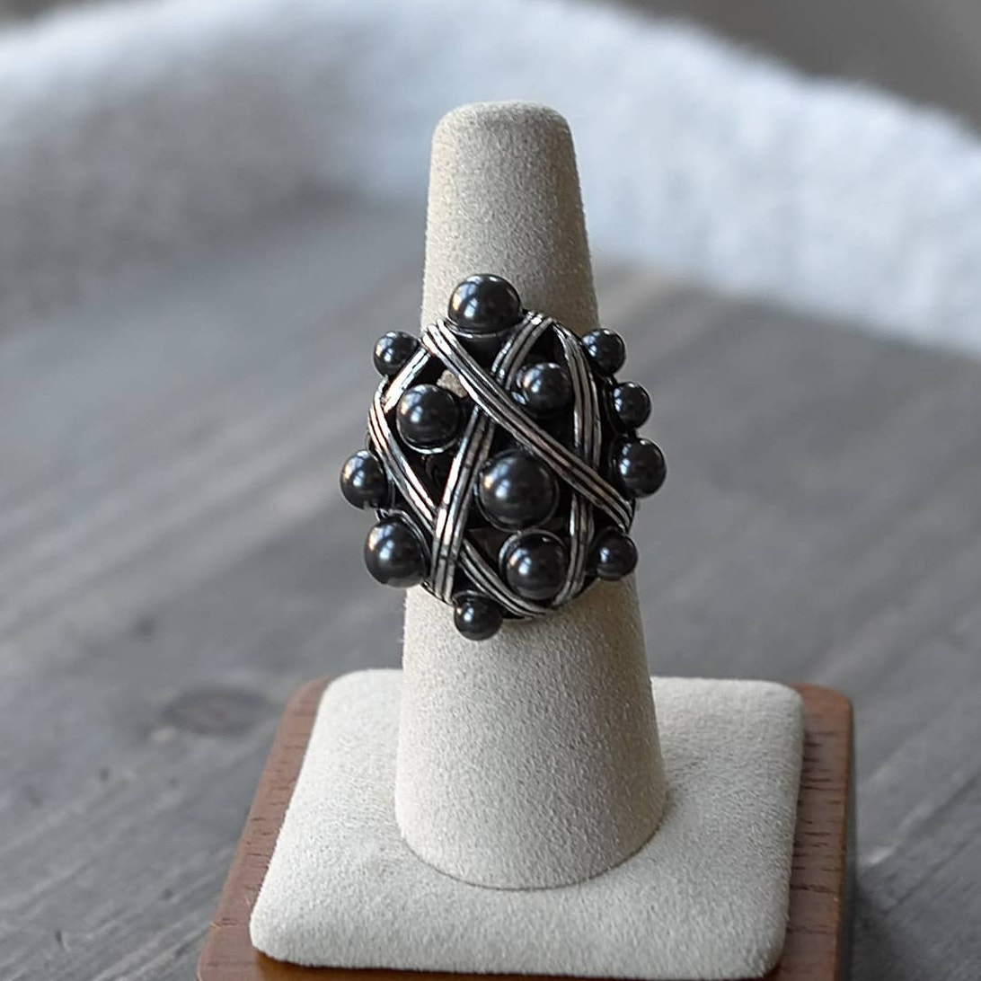 Brighton Cluster Cocktail Ring Black / Gray Faux Pearls Domed Statement Size 7