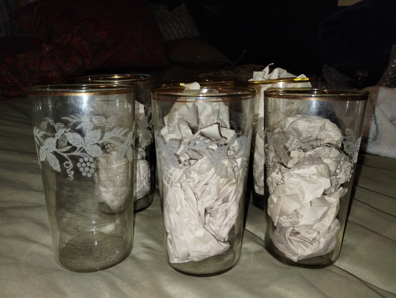 Vintage Bartlett Collins Set of 6 Grape Leaf Etched Glasses 22k Gold Rim 1950s