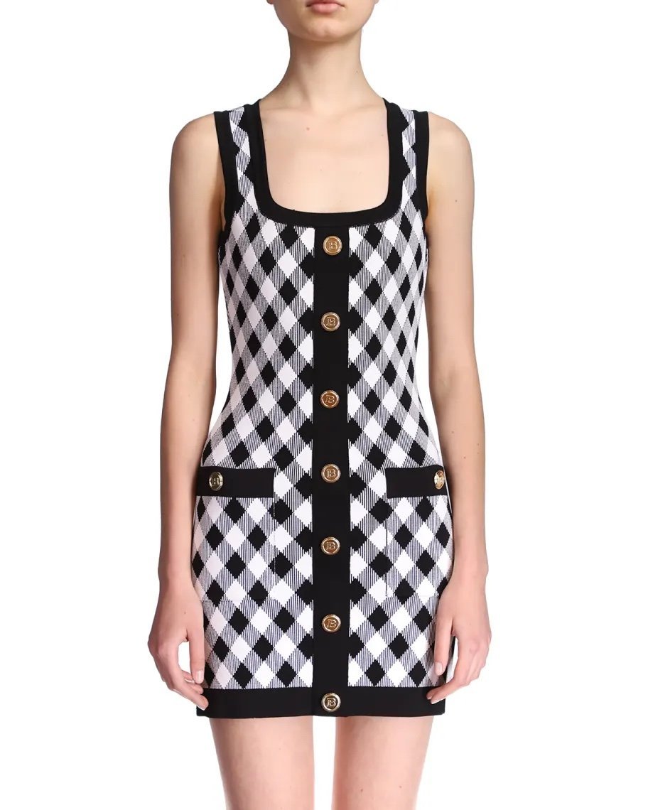 Short Buttoned Gingham Jacquard Dress