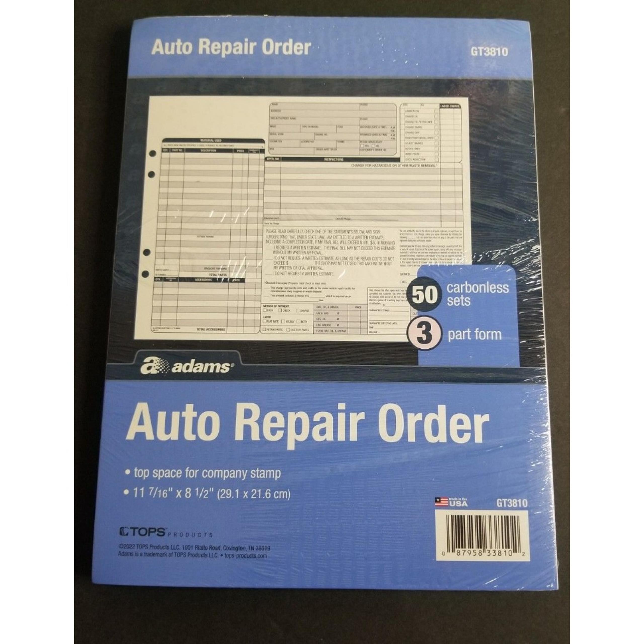 Brand New Adams GT3810 Garage Auto Repair Order 50 Carbonless Sets - 3 Part Form