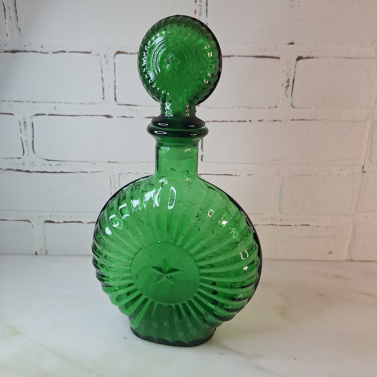Vintage Decanter Military Eagle Star Green Pressed Glass Liquor Wine Barware