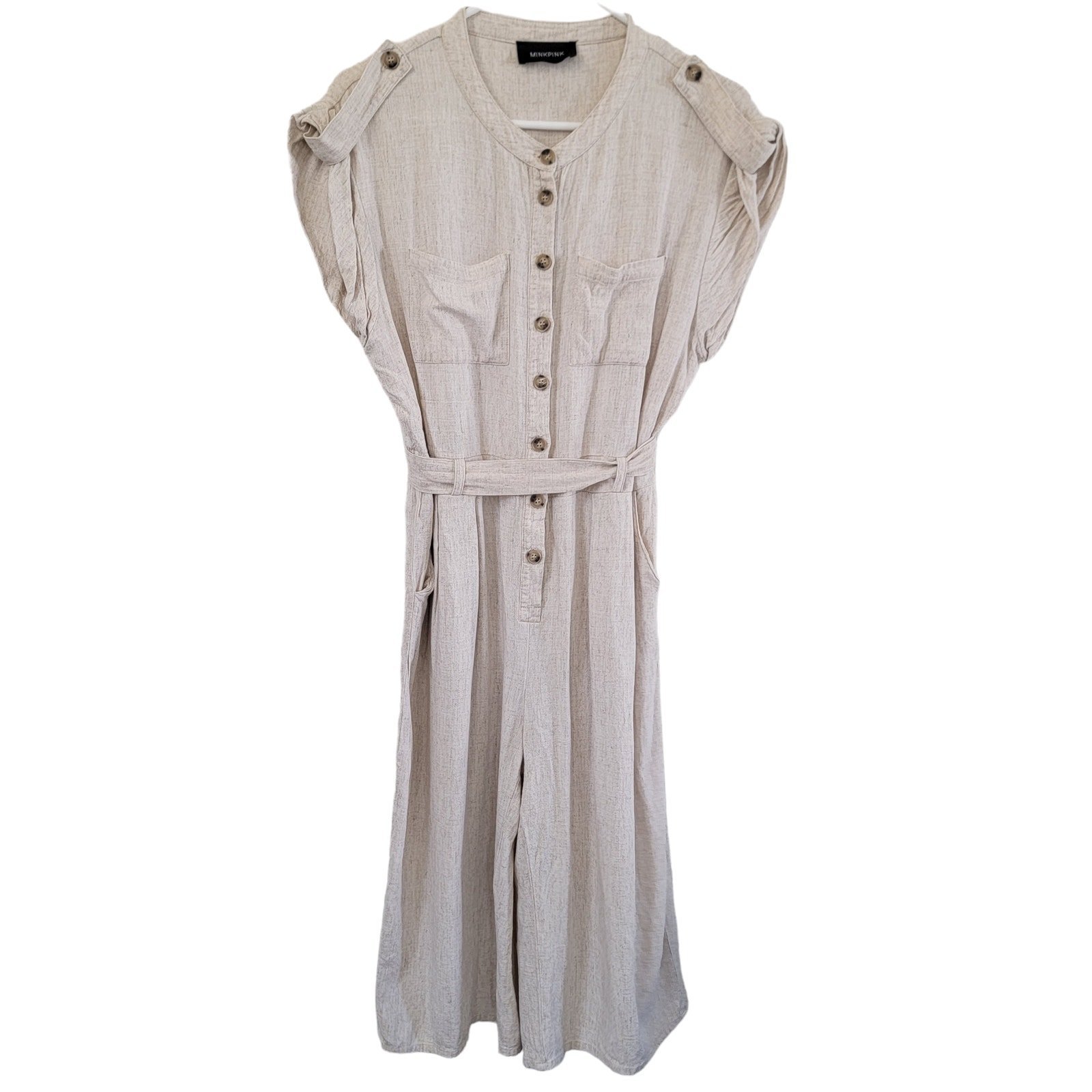 Minkpink Sanford Beige Short Sleeve Button Wide leg Linen Jumpsuit Size Small