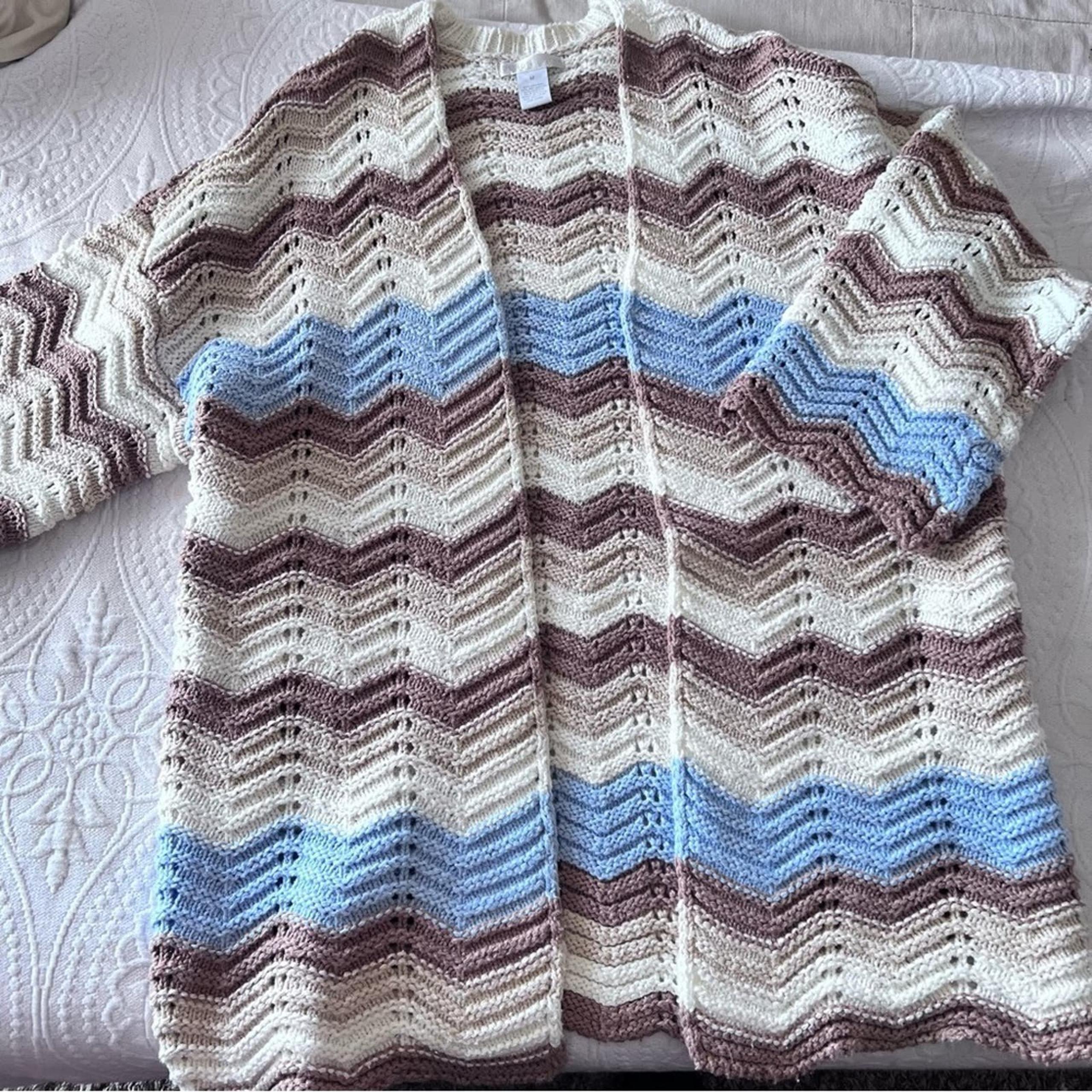 DESIGN HISTORY knit crochet afghan cardigan sweater BLUE TAN