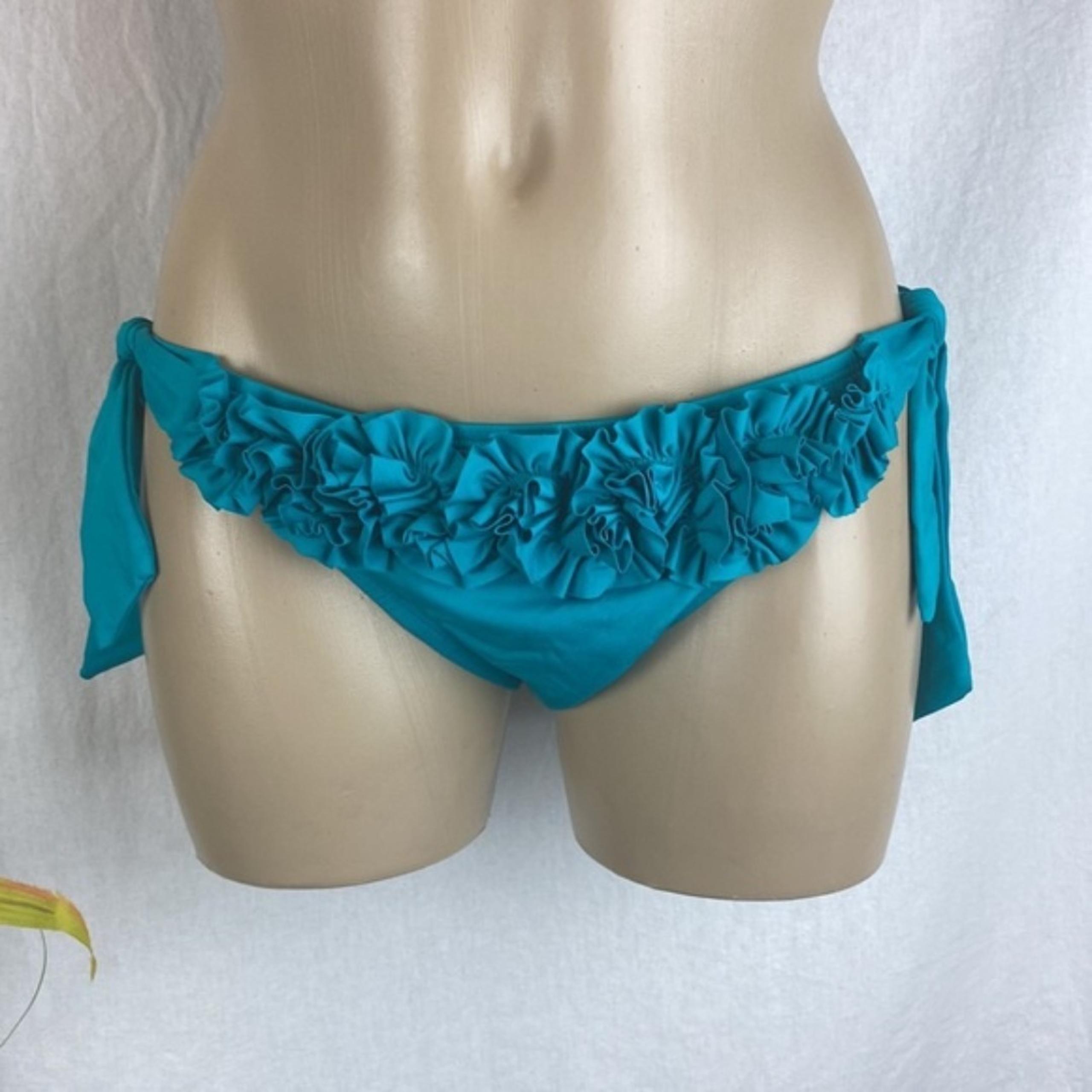 Kenneth Cole Teal Blue Ruffle Waist Side Tie Bikini Swim Bottoms NEW S