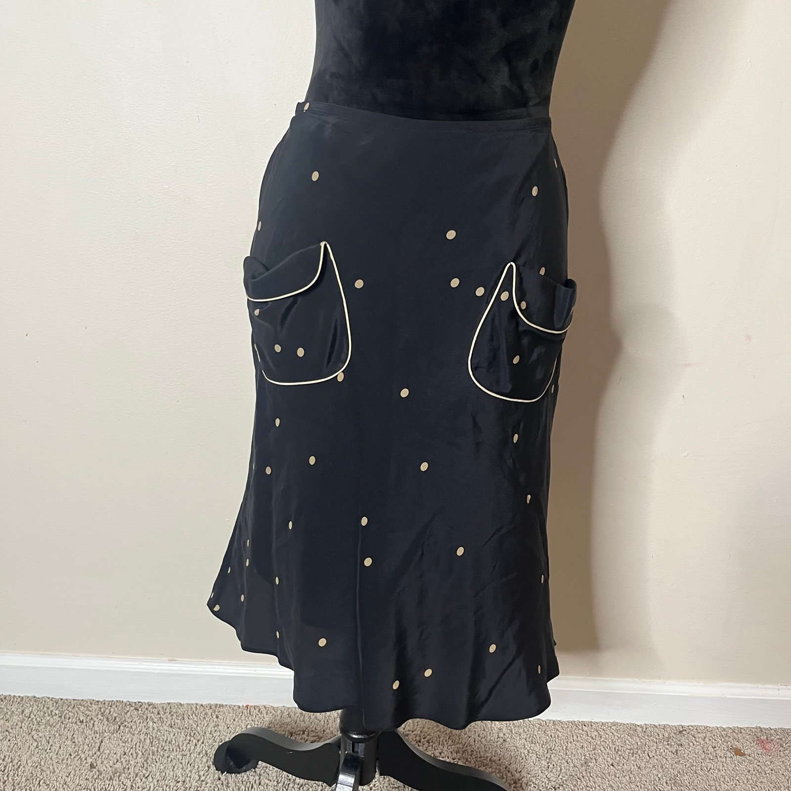 Studio M Women’s Black/Tan Polka Dot A~Line Silk Knee Length Skirt Sz S