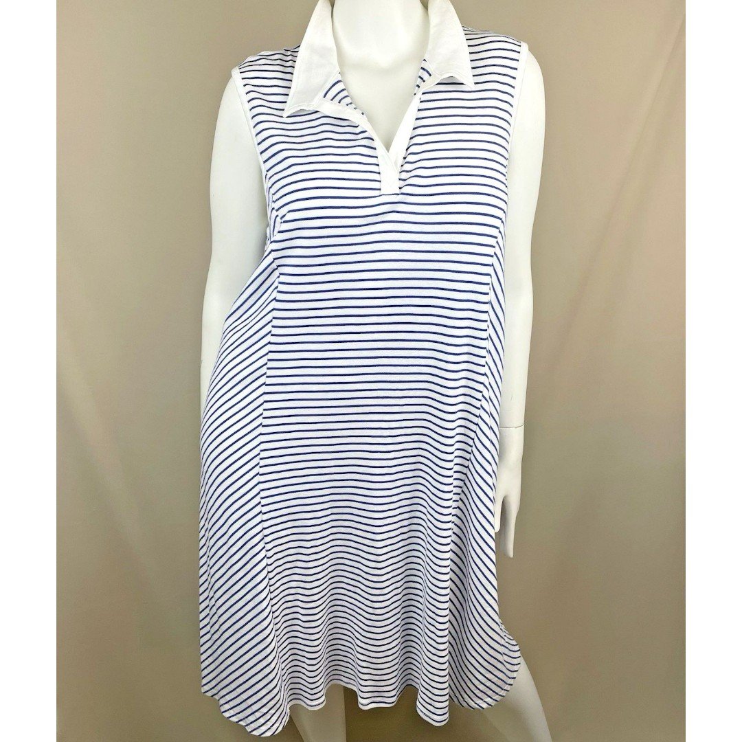 Three Dots Sleeveless Midi Dress Women’s 2X White Light Blue Stripes Marina Club