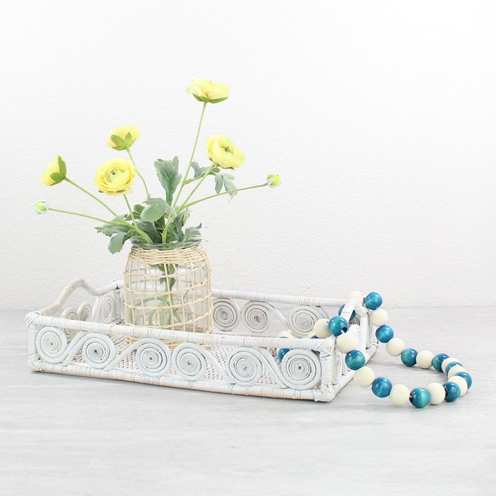 New Swirly Rectangle Rattan Tray with Handles-Whitewash-15.5