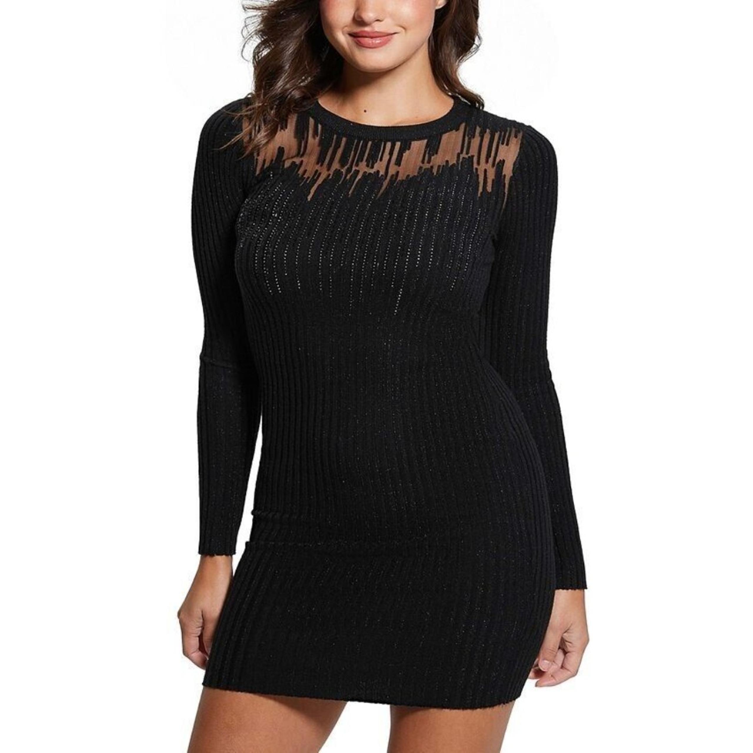GUESS Women's Claudine Embellished Rib-Knit Mini Dress Rhinestone Black Size S