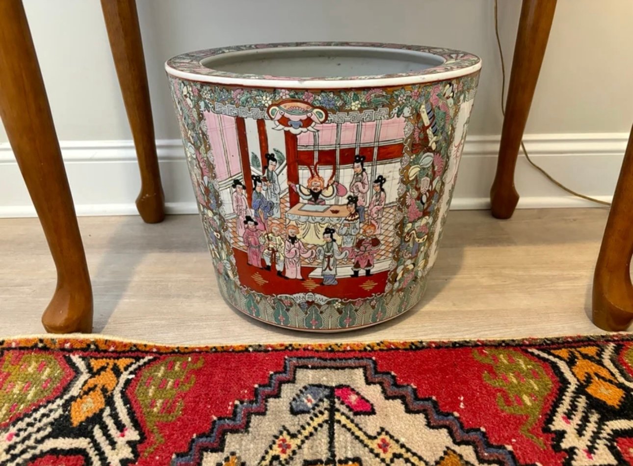 Vintage XL rose medallion/rose canton chinoiserie planter, Chinese porcelain