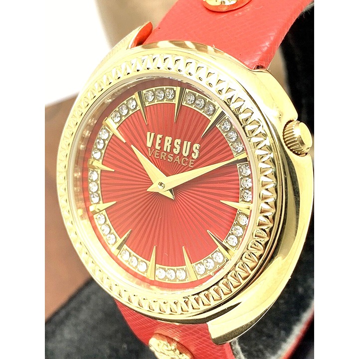 Versus by Versace Women's Watch VSPHF3021 Red Dial Gold Case Leather Band 38mm