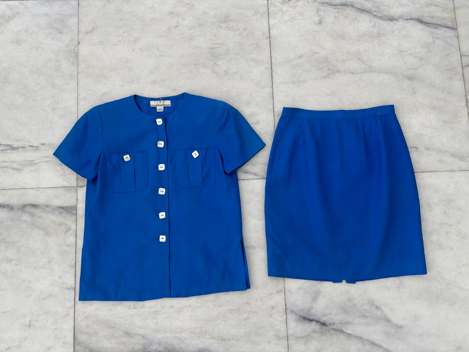 Vintage Shomi By Miller Shor Skirt Suit Blazer Skirt Blue Silk Women 4 See Below