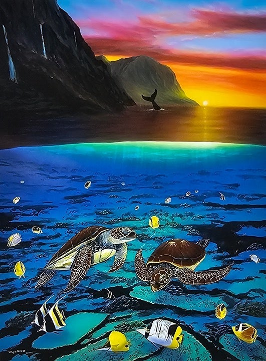 Wyland Ancient Mariner Sea turtle reef fish waterfall whale fluke hand signed