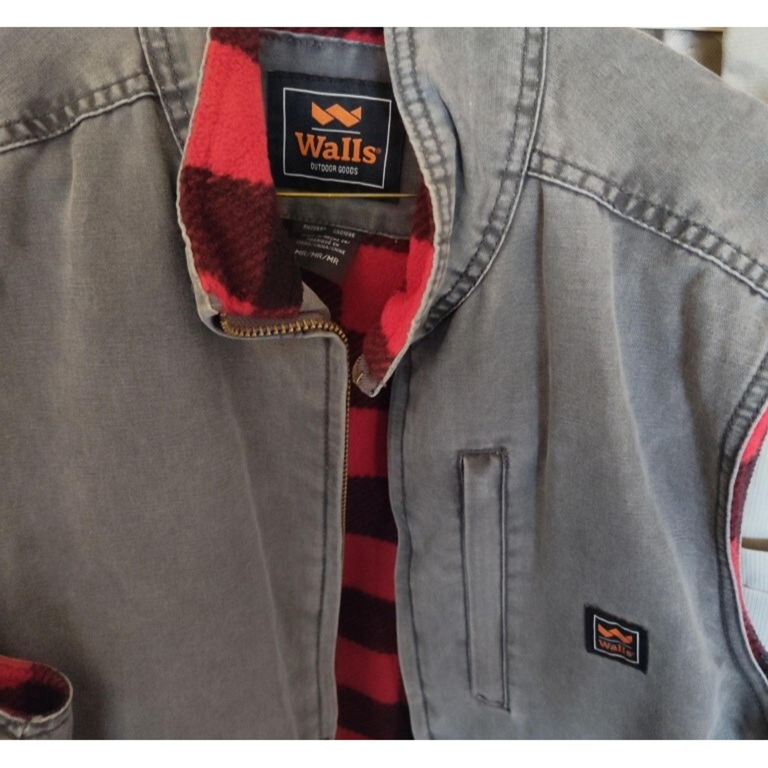 Walls Outdoor Goods Vest Men Gray Sleeveless Canvas Red Plaid Fleece 1260