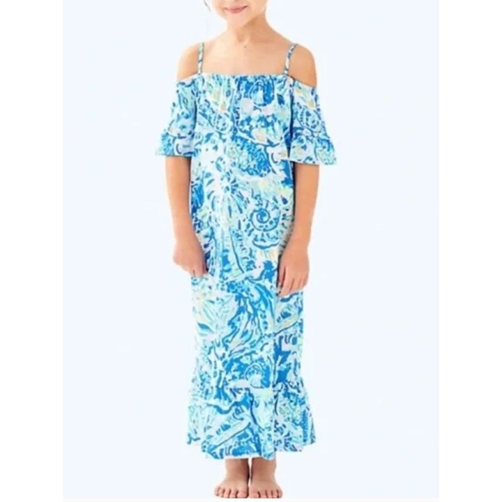 LILLY PULITZER Girls Clary Maxi Dress in Bennett Blue Salty Seas size L 8-10 yea