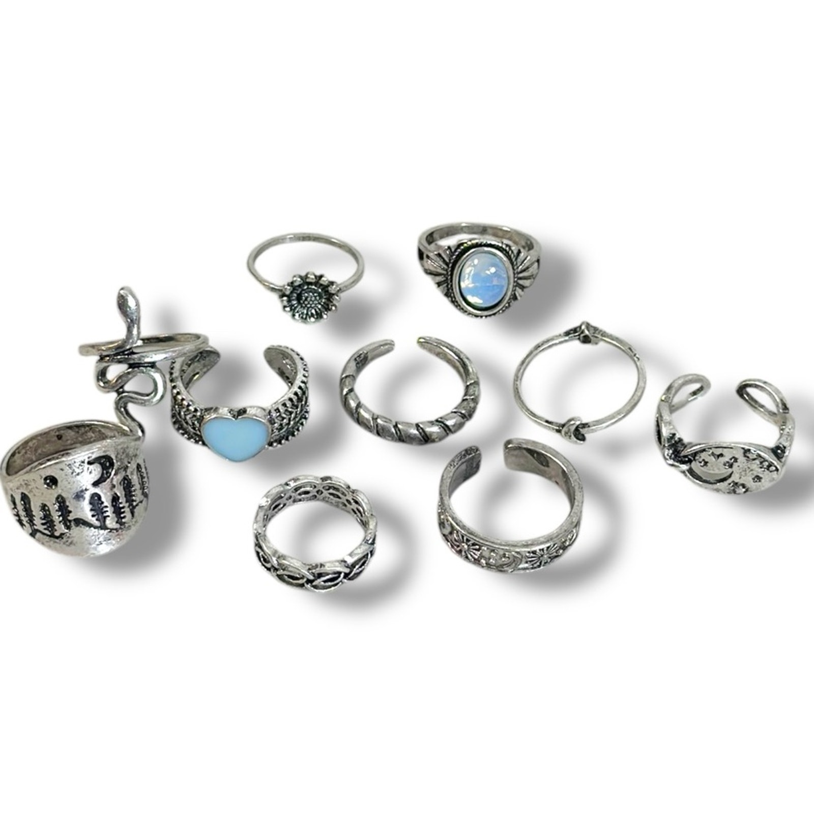 Free People Celestial Western Bohemian Ring Set Silver Moonstone Snake Moon Star