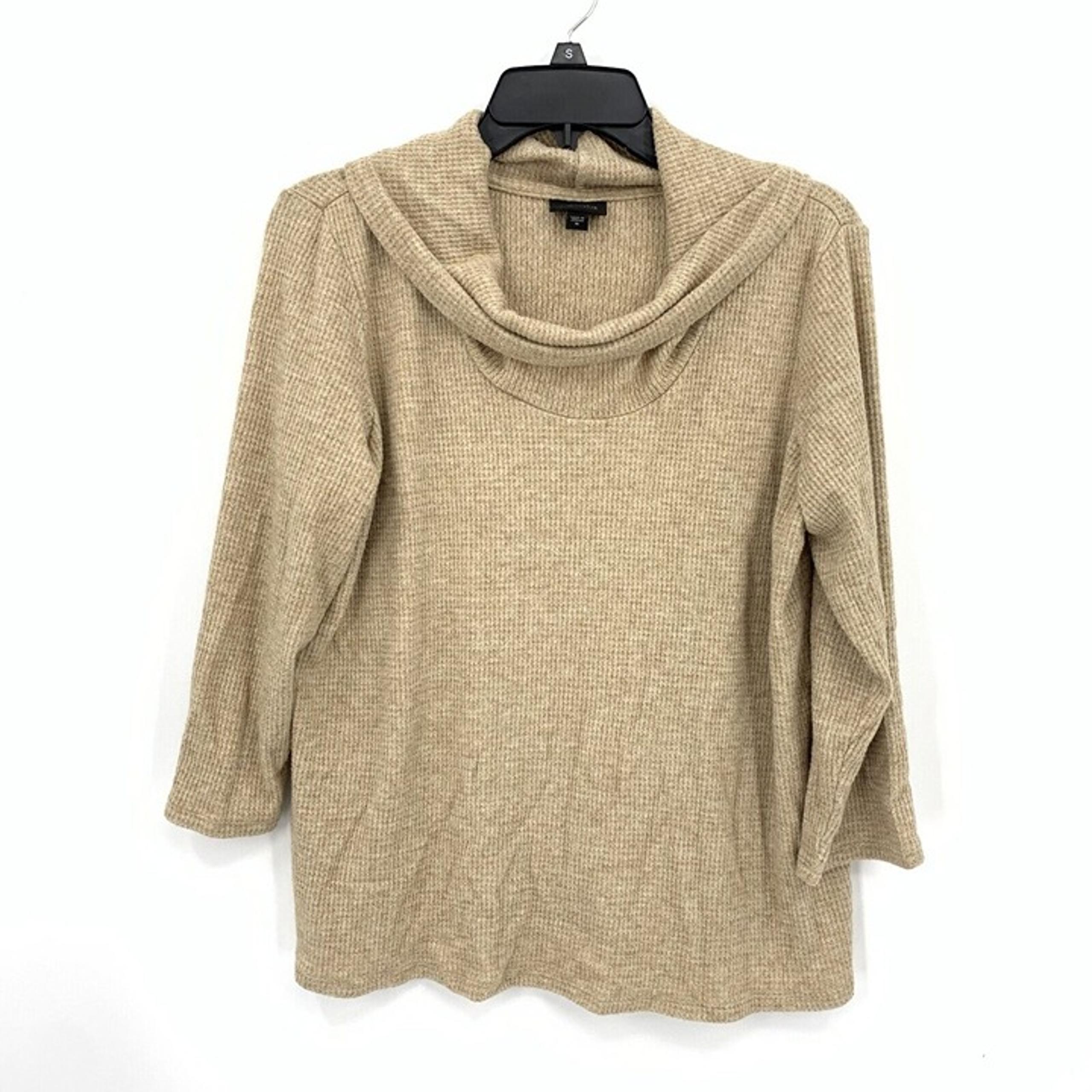 J Jill Wearever Cowl Neck Top Hi Low Hem Half Sleeve Soft Tan Knit Womens Medium