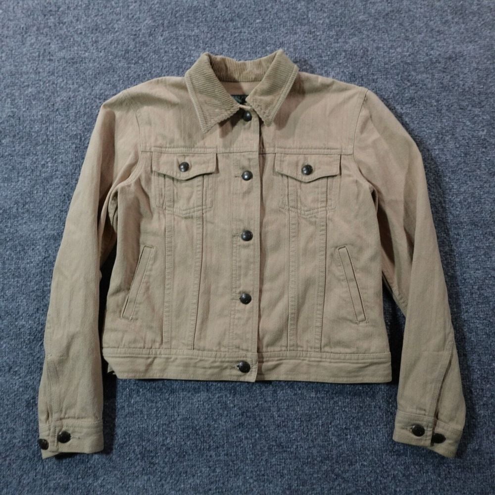 LRL Ralph Lauren Jacket Womens S P Tan Denim Trucker Corduroy Collar Coat 11775