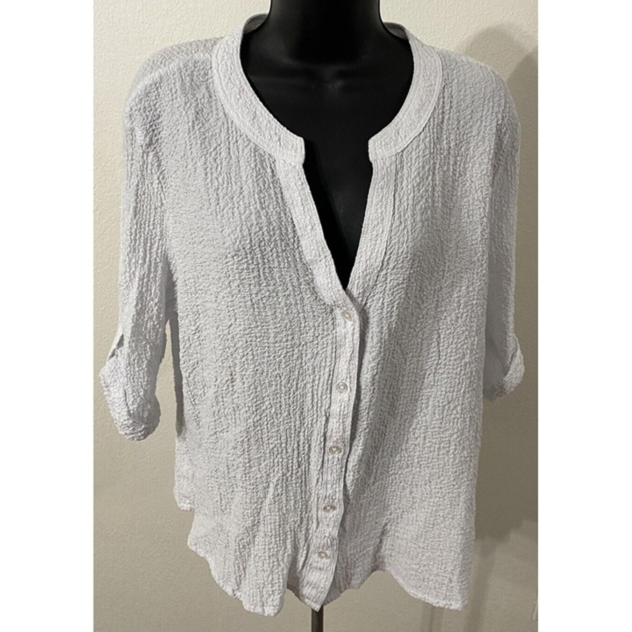 Rebecca Malone Women Blouse XL 3/4 Sleeve Button  Collared Crinkle White