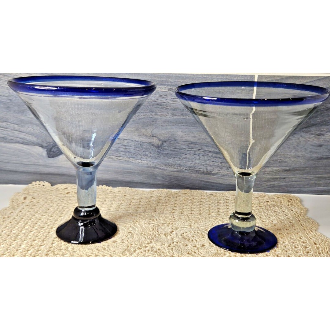 Pair of HUGE 8 Hand Blown Mexican Glass Blue Rim & Foot Martini Glasses